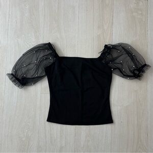 Thirty Thirty LA Elegant Black Puff Pearl Embellishment Sleeve Top